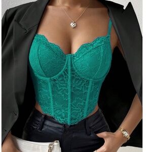 Hunter Green Adjustable Straps lace Corset Bustier Cropped top